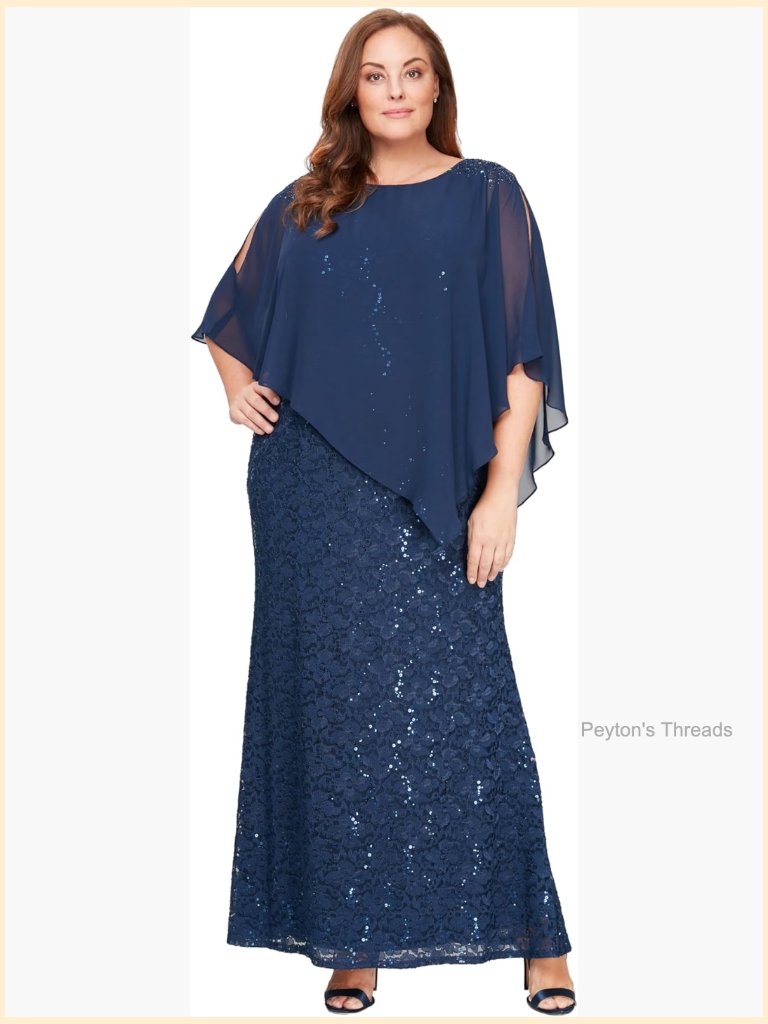 Plus Size Sequin Lace Beaded Capelet Mother Of The Bride Dress